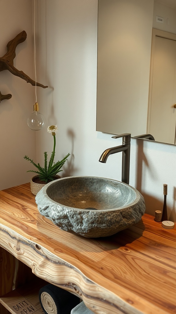 A rustic stone sink on a wooden countertop, surrounded by natural decor elements.