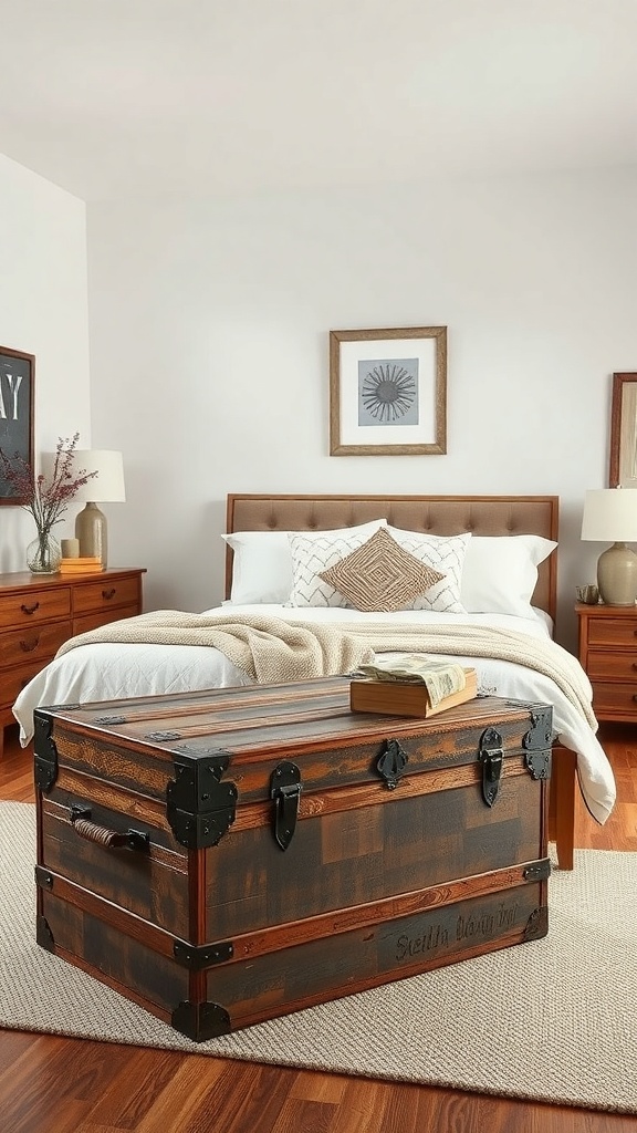A rustic storage trunk at the foot of a bed in a cozy bedroom setting.