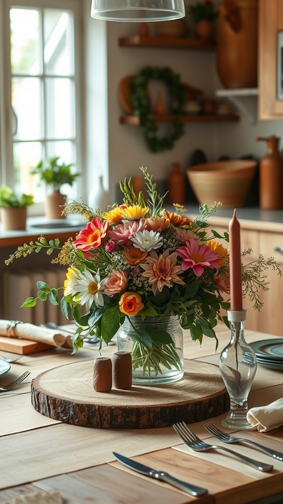 A rustic table centerpiece featuring a glass jar of colorful flowers on a wooden slice, with a candle and simple utensils.