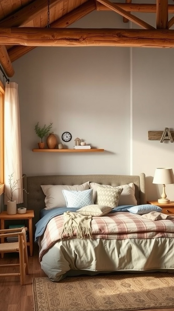 Cozy rustic taupe bedroom with wooden beams, soft bedding, and warm decor