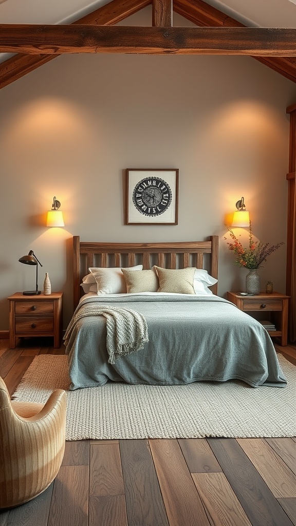 A rustic taupe bedroom featuring wooden beams, a cozy bed with light gray bedding, and warm lighting.