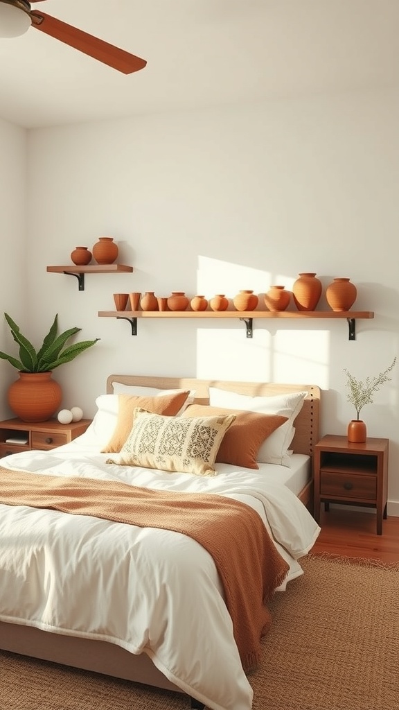 A cozy bedroom featuring terracotta pottery accents on shelves, a comfortable bed with neutral bedding, and a touch of greenery.