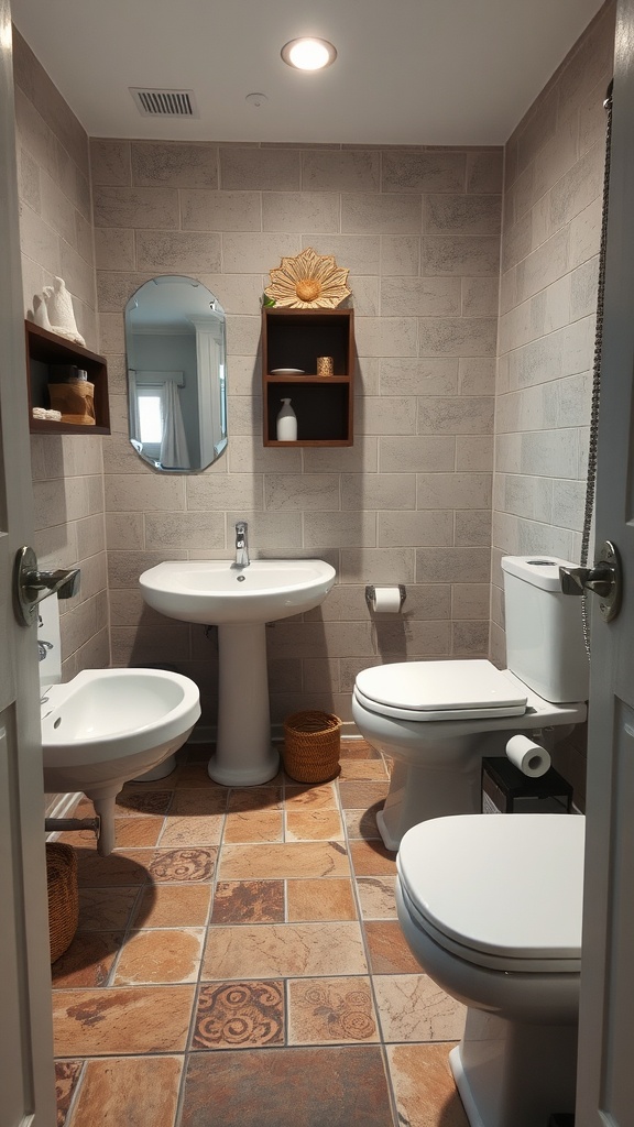 Small rustic bathroom with earthy tile flooring