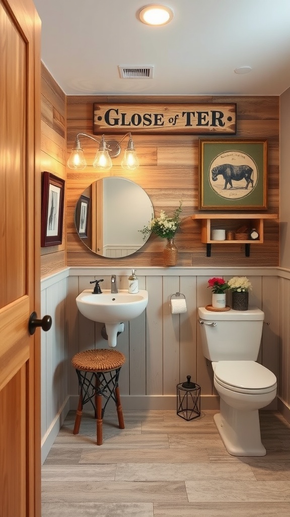 A rustic bathroom featuring wood-paneled walls, vintage decor, and cozy lighting.
