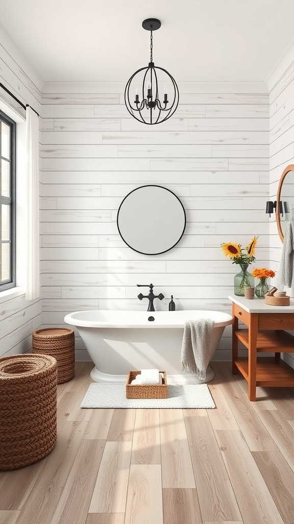 A rustic bathroom featuring shiplap walls, a freestanding tub, and natural decor elements.