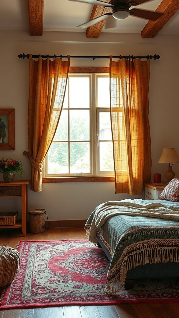 A cozy western bedroom featuring warm amber curtains, wooden beams, and a soft rug.