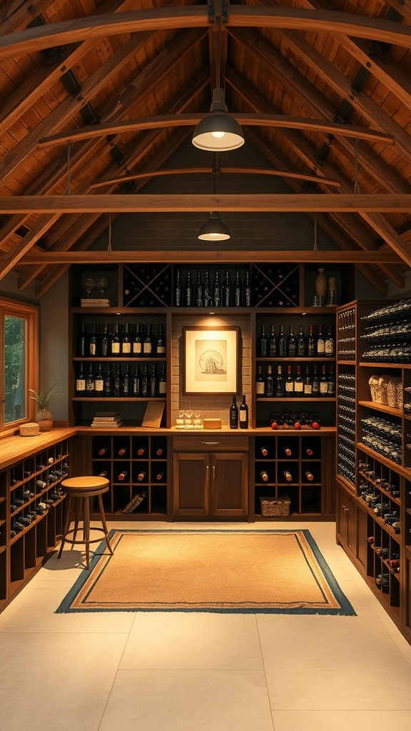 A rustic wine cellar with wooden shelves, warm lighting, and a cozy atmosphere.