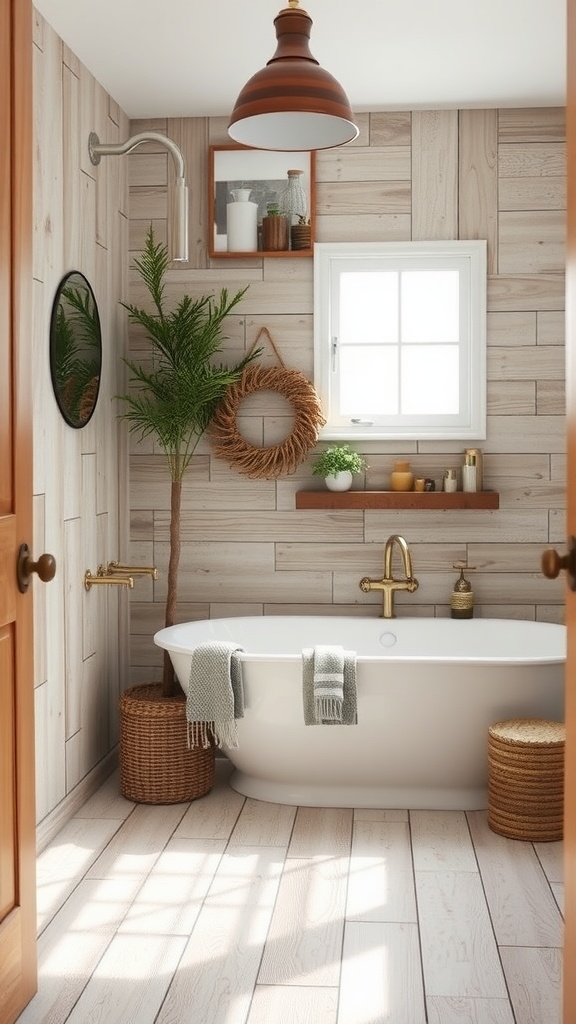 A cozy bathroom featuring rustic wood-look tiles, a freestanding bathtub, and natural decor elements