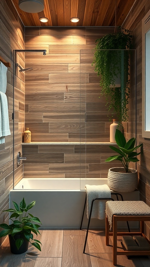 A rustic bathroom featuring wood-look tiles, a glass shower, and plants, creating a cozy atmosphere.