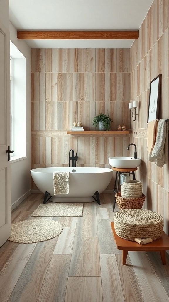 A modern bathroom featuring rustic wood-look tiles, a freestanding bathtub, and stylish decor.
