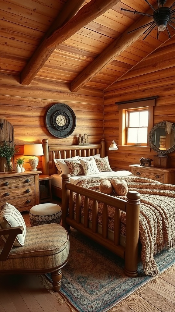 A rustic bedroom featuring wooden walls, a wooden bed, and cozy textiles.