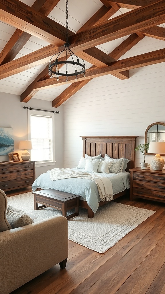 A cozy farmhouse bedroom featuring rustic wood accents, including wooden beams, furniture, and a soft blue bedding set.