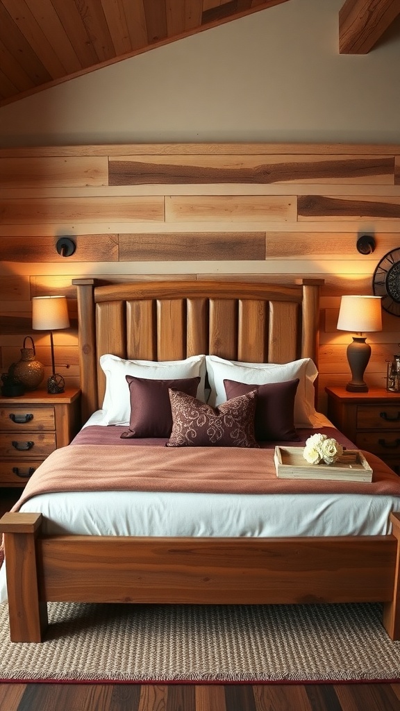 A rustic bedroom featuring a wooden bed frame, wooden panel wall, soft bedding, and warm lighting.