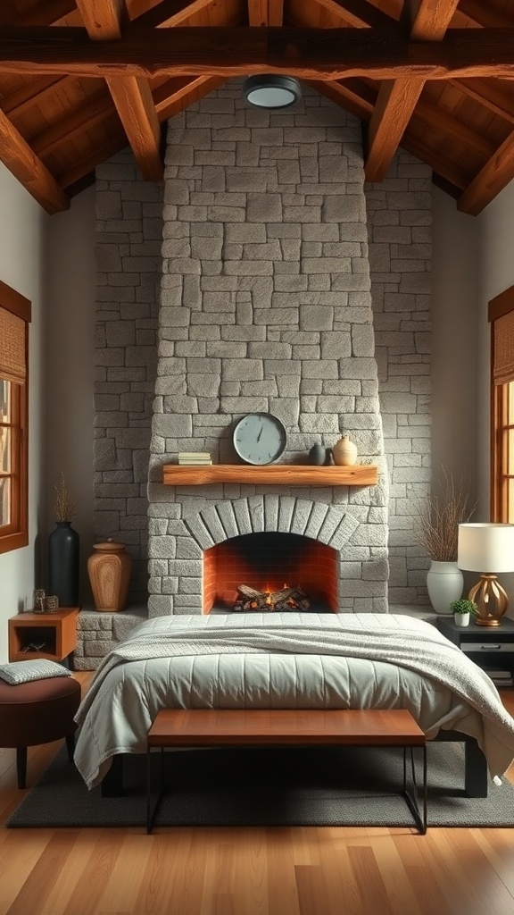 A cozy bedroom featuring rustic wood beam accents and a stone fireplace.