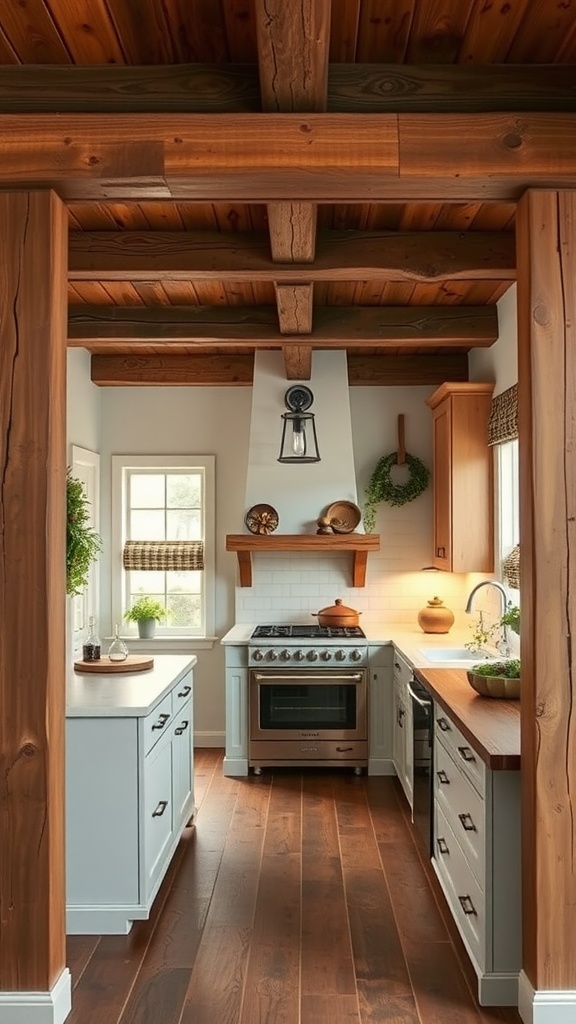 Rustic wood beam pass through design in a kitchen