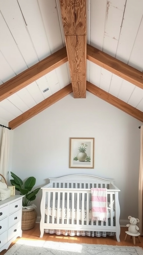 A cozy nursery with rustic wood beams, a white crib, and warm decor.