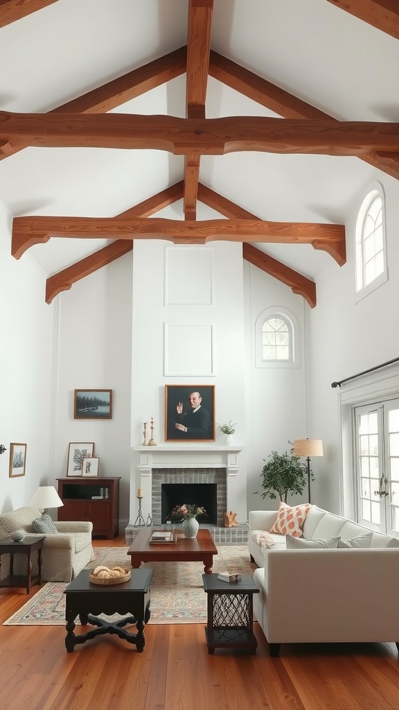 A traditional living room featuring rustic wood beams, a cozy fireplace, and elegant furnishings.