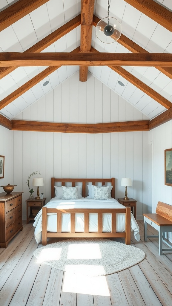A cozy farmhouse bedroom with rustic wood beams, whitewashed walls, and wooden furniture.