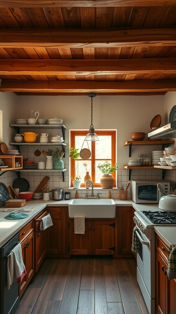A cozy country kitchen with rustic wood elements including ceiling beams and wooden cabinets, featuring open shelving and a farmhouse sink.