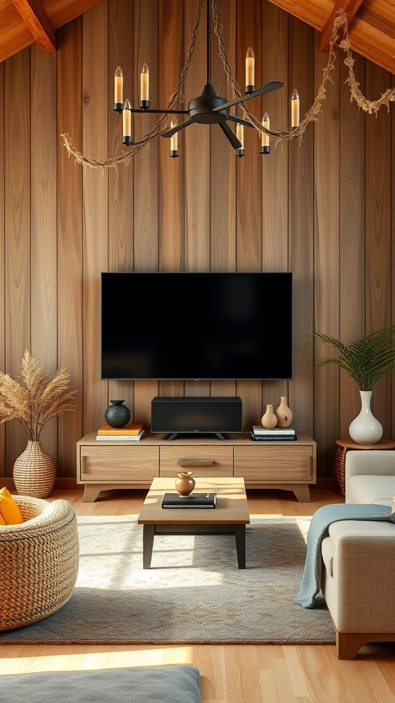 Living room with rustic wood panel backdrop and mounted TV