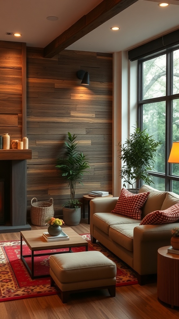 A cozy living room with rustic wood paneling, plants, and soft furnishings.