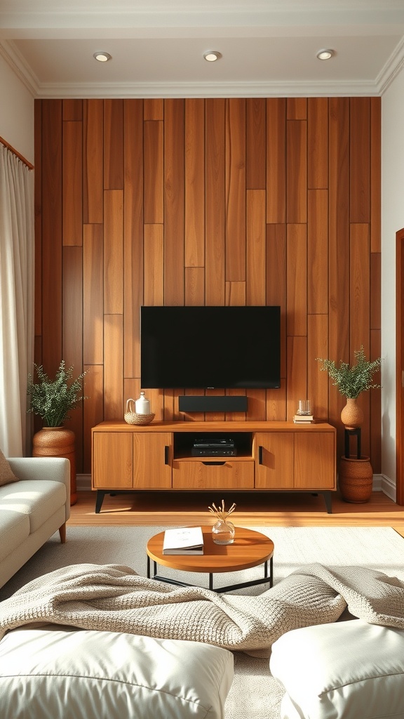 Living room with rustic wood paneling, a TV mounted on the wall, and a stylish wooden TV stand.