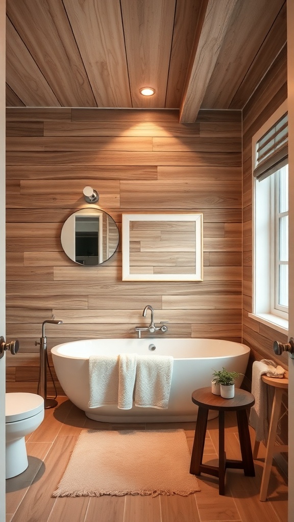 A cozy bathroom featuring rustic wood paneling on the walls and ceiling, a freestanding tub, and warm lighting.