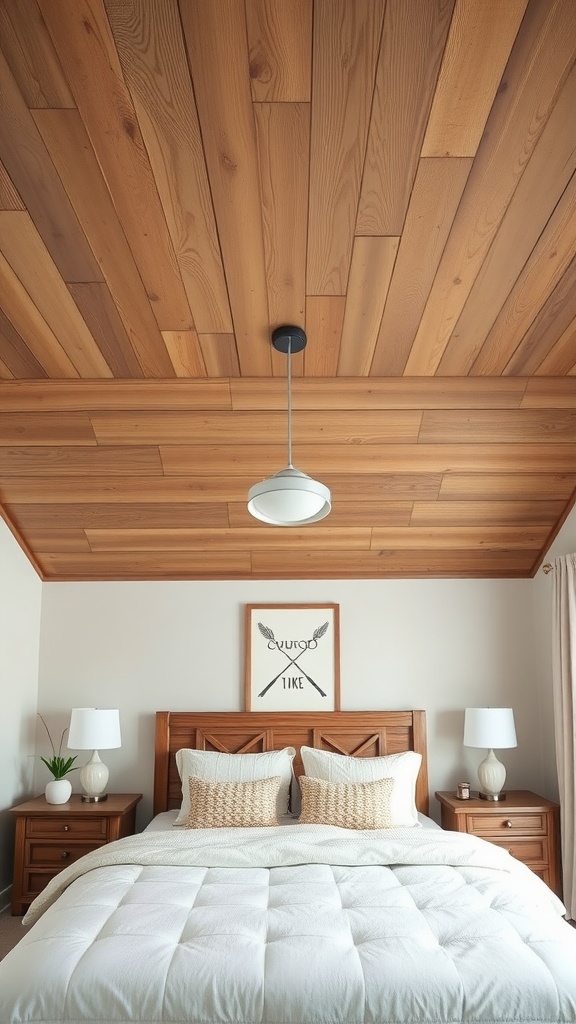 A cozy bedroom with a rustic wood plank ceiling, featuring soft bedding and warm tones.