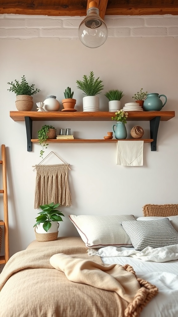 Rustic wood shelves with plants and decorative items in a cozy farmhouse setting