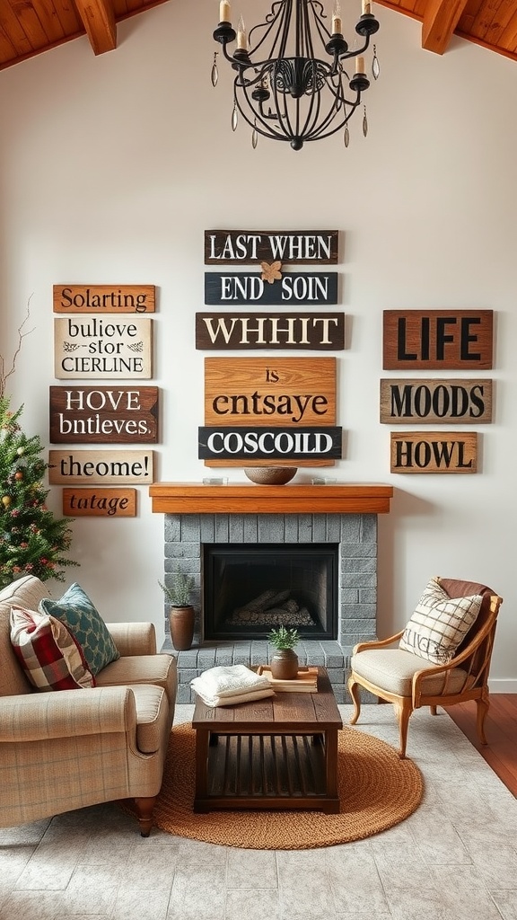 A cozy living room with rustic wood signs on the wall, featuring various phrases and styles.