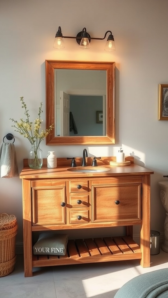 Rustic wood vanity with vintage accents, featuring a mirror and warm lighting.