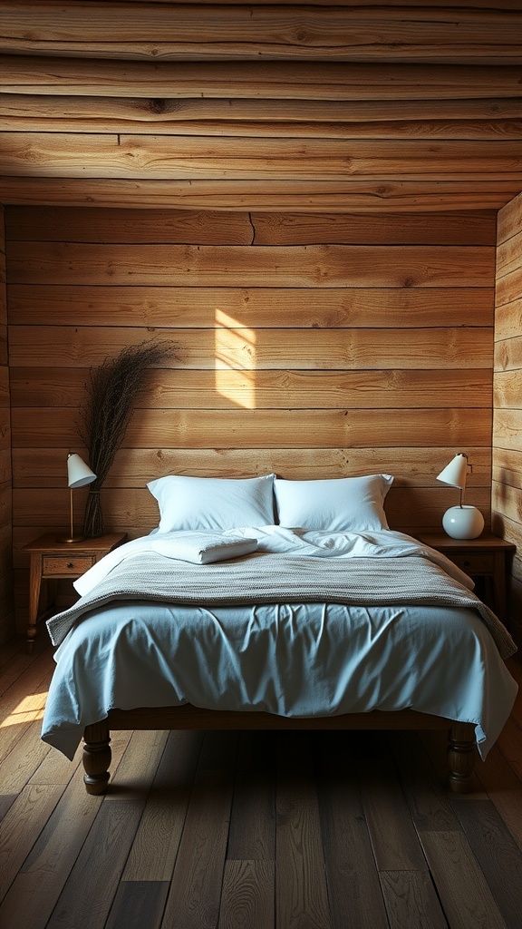 A cozy bedroom featuring rustic wood wainscoting with a wooden bed and soft blue linens.