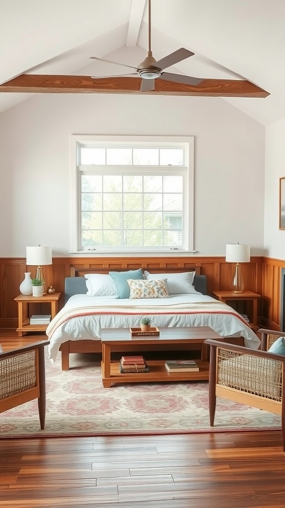 Living room featuring rustic wood wainscoting with a cozy bed and modern furniture.