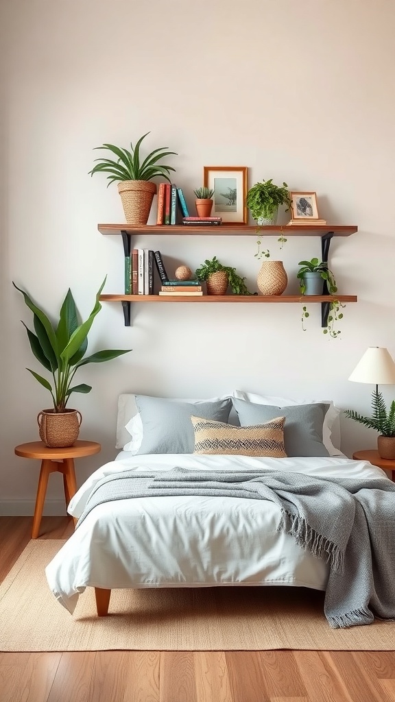 Rustic wood wall shelves with plants and books in a cozy living room