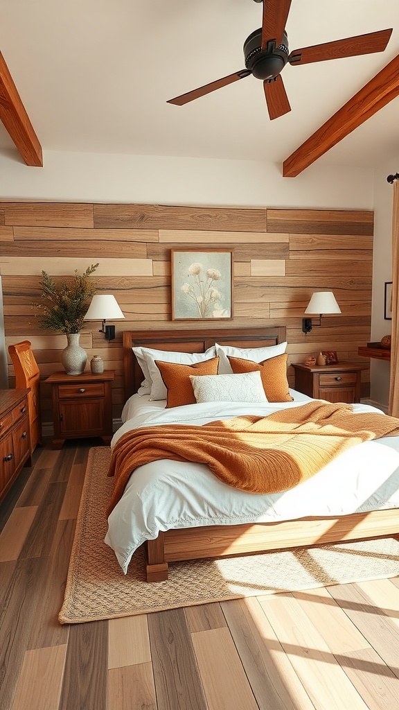 Cozy bedroom featuring rustic wooden accents with a warm color palette
