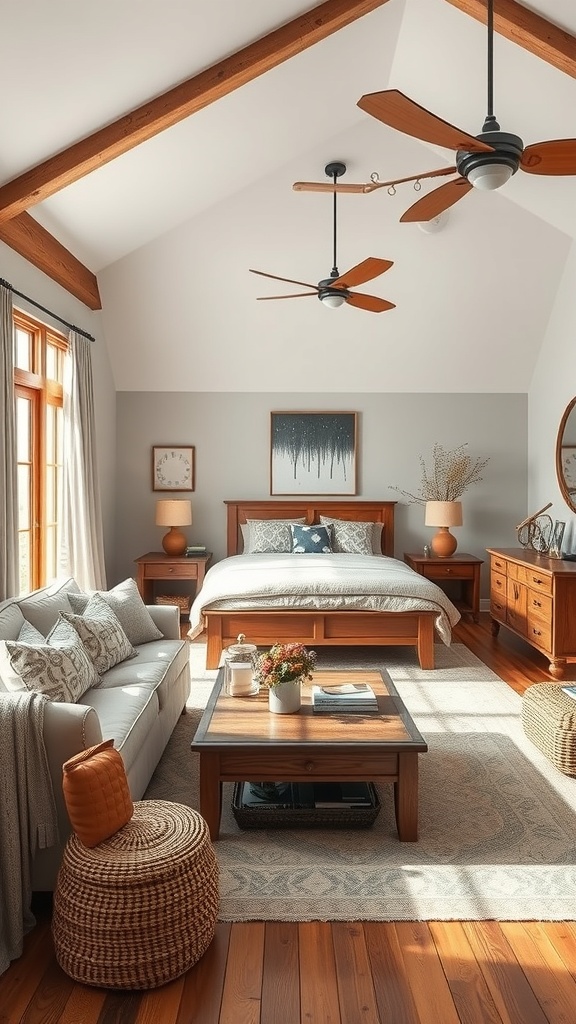 A cozy living room with rustic wooden furniture, wooden beams on the ceiling, and natural light coming through large windows.