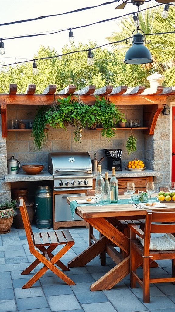 A rustic wooden barbecue station with a grill, wooden table, and chairs surrounded by greenery.