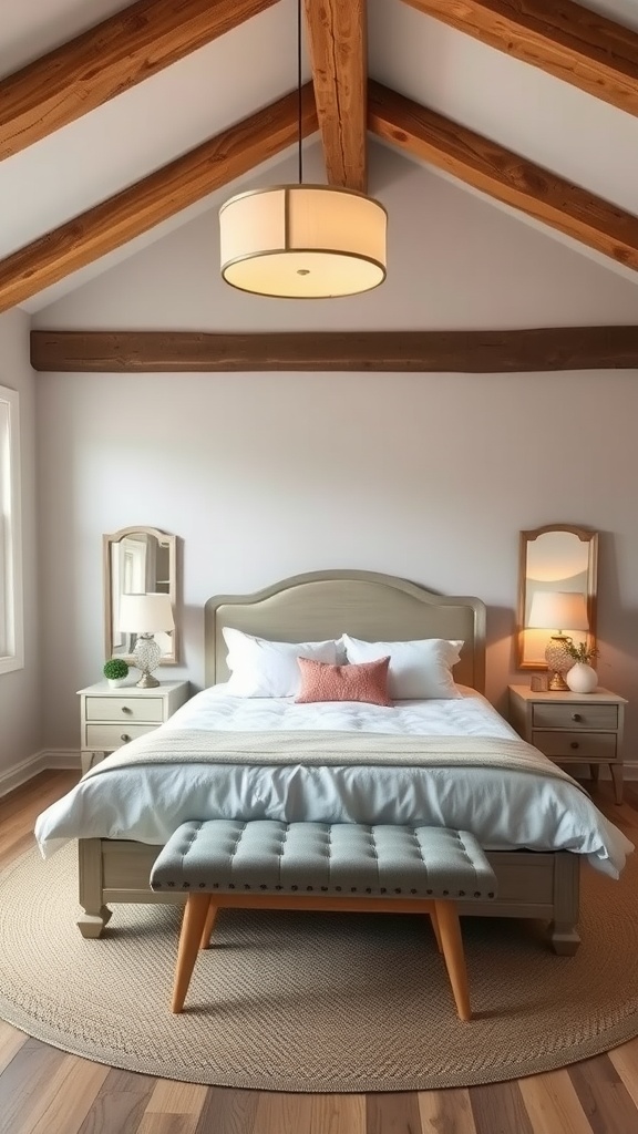 A cozy French country bedroom featuring rustic wooden beams on the ceiling, complemented by simple decor and warm lighting.