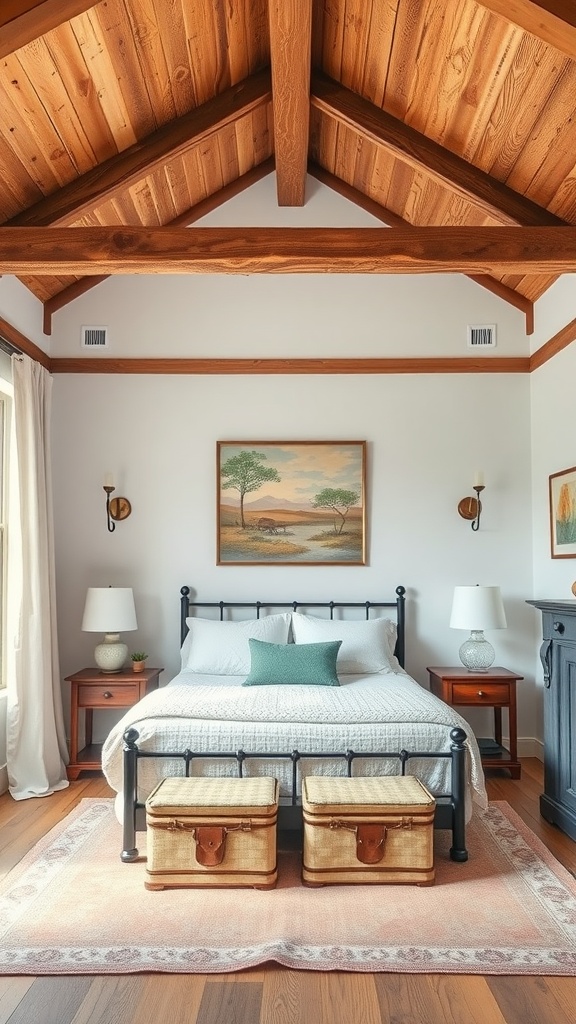 A vintage bedroom featuring rustic wooden beams, a metal bed frame, and cozy decor.