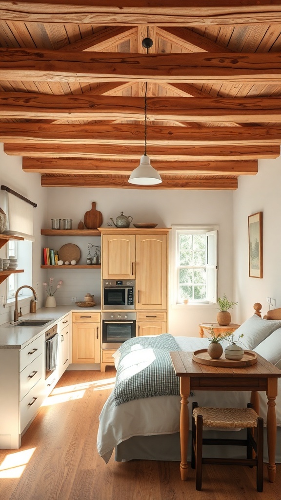 Cozy kitchen with rustic wooden beams and warm wooden accents