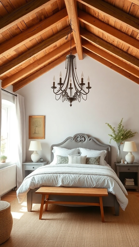 A cozy bedroom featuring rustic wooden beams, a chandelier, and soft furnishings.