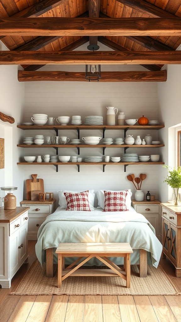 A cozy kitchen featuring rustic wooden beams and open shelving with white ceramics and wooden utensils.