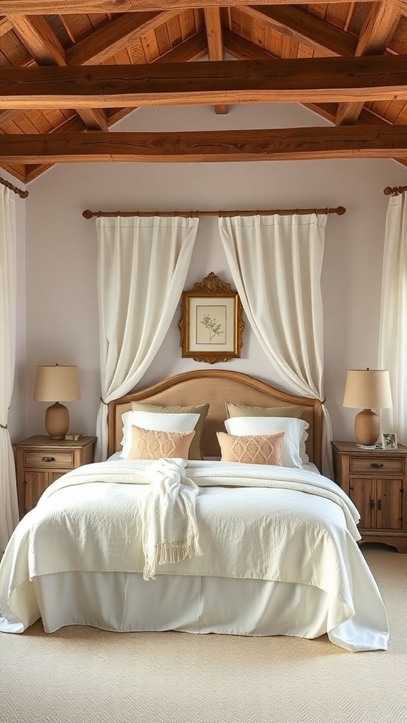A cozy bedroom featuring rustic wooden beams, soft white fabrics, and a warm color palette.
