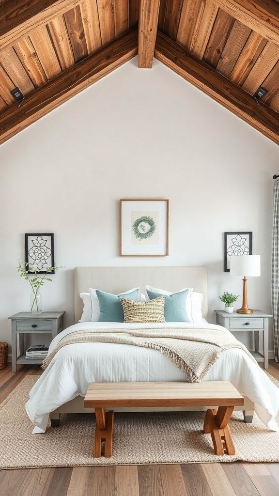 A cozy bedroom featuring rustic wooden beams on the ceiling, complemented by soft wall colors and stylish decor.