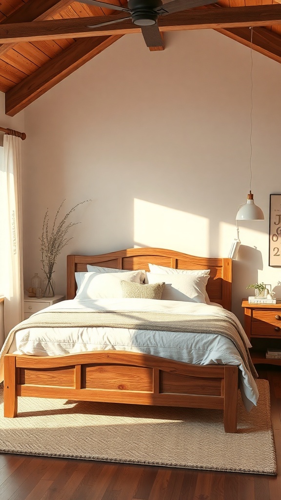 A cozy farmhouse bedroom featuring a rustic wooden bed frame with soft linens and natural light.