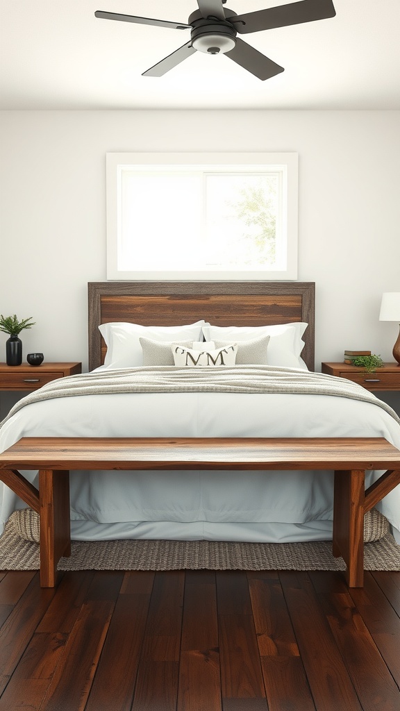 A rustic wooden bench placed at the end of a bed in a cozy farmhouse style bedroom.