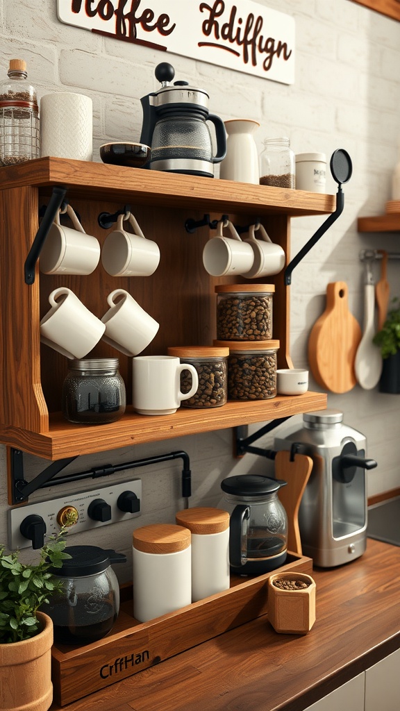 A rustic wooden shelf displaying coffee brewing essentials, including jars, mugs, and a coffee maker.