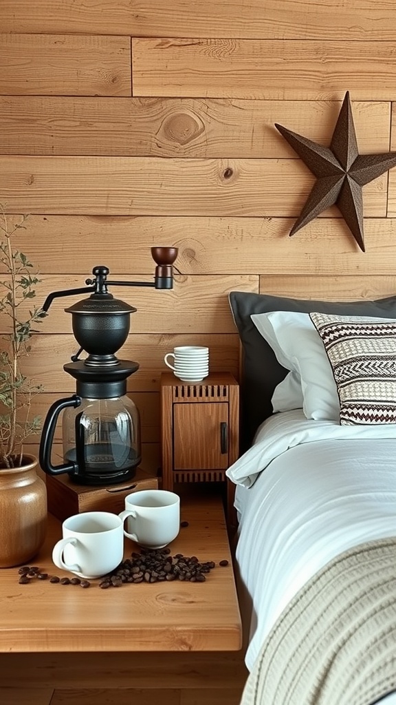 A rustic wooden coffee station with a coffee maker, mugs, and coffee beans on a wooden surface.