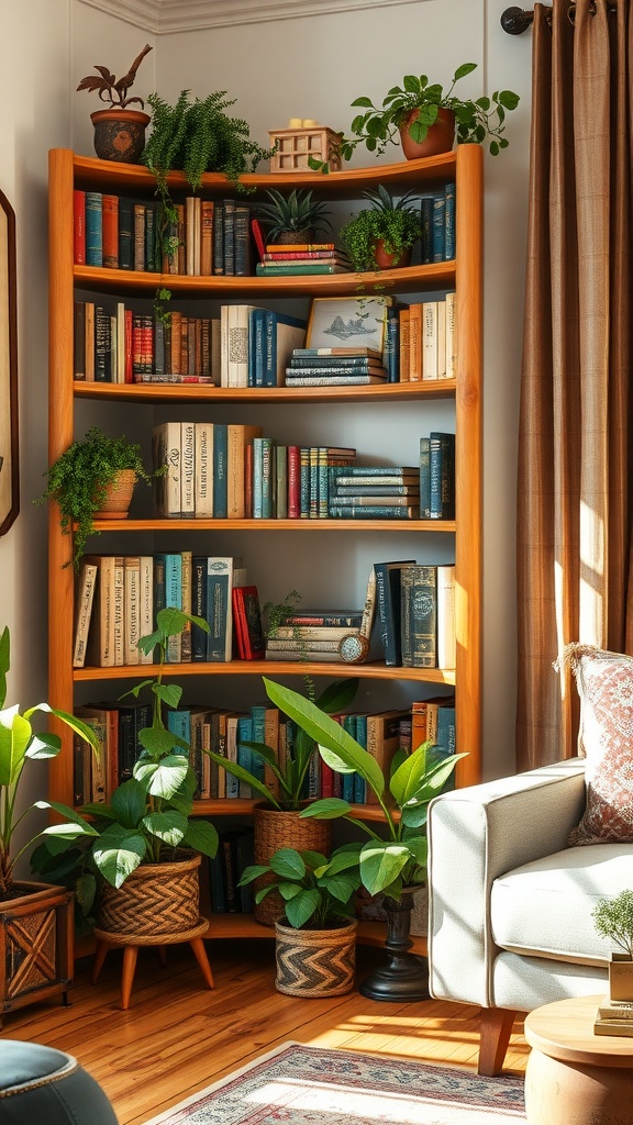 Rustic wooden corner shelves filled with books and plants, creating a cozy atmosphere.