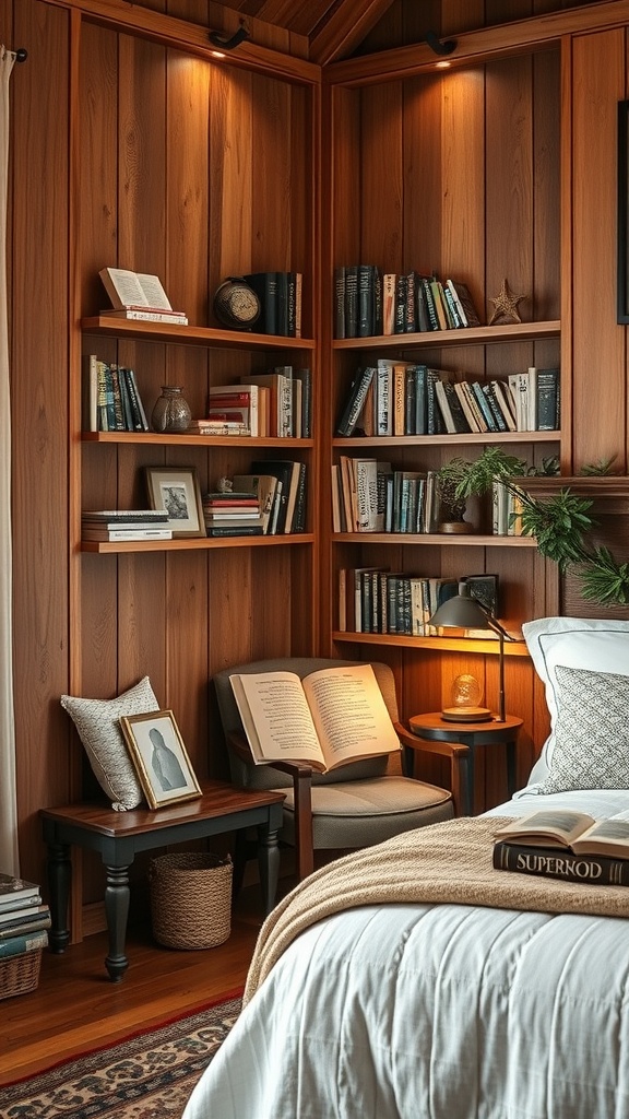 A cozy rustic wooden corner bookshelf filled with books, a reading chair, and warm lighting.